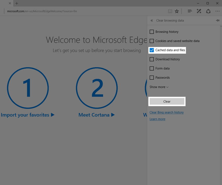 Clear options in Edge.