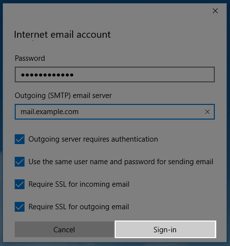 The Windows 10 Mail sign in button.