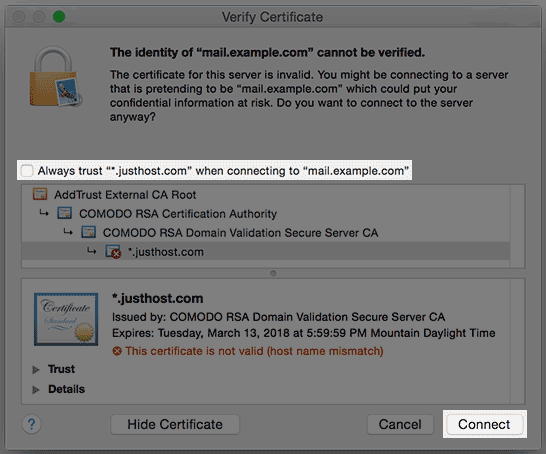 mac mail server certificate invalid