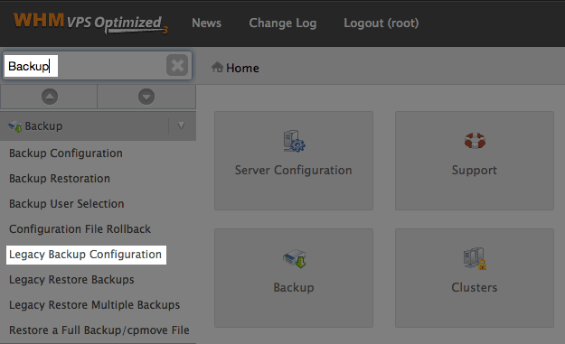 Searching Backup in the WHM.